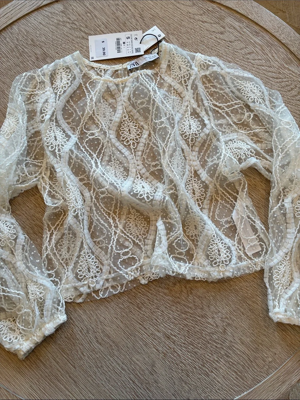 NWT Zara Sheer Ivory Lace Blouse With Ivory Embroidery